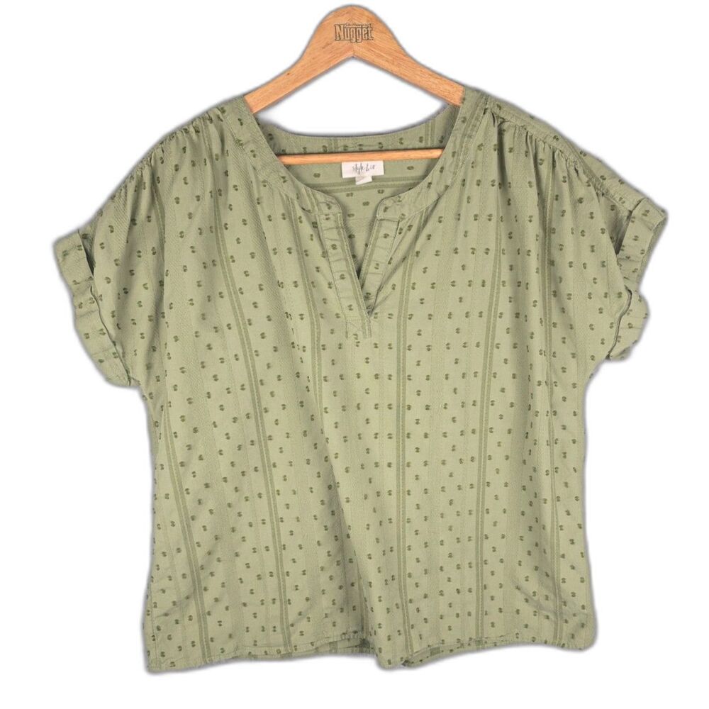 Style & Co Olive Green XL Clip Dot Cotton Blend Relaxed Peasant Blouse